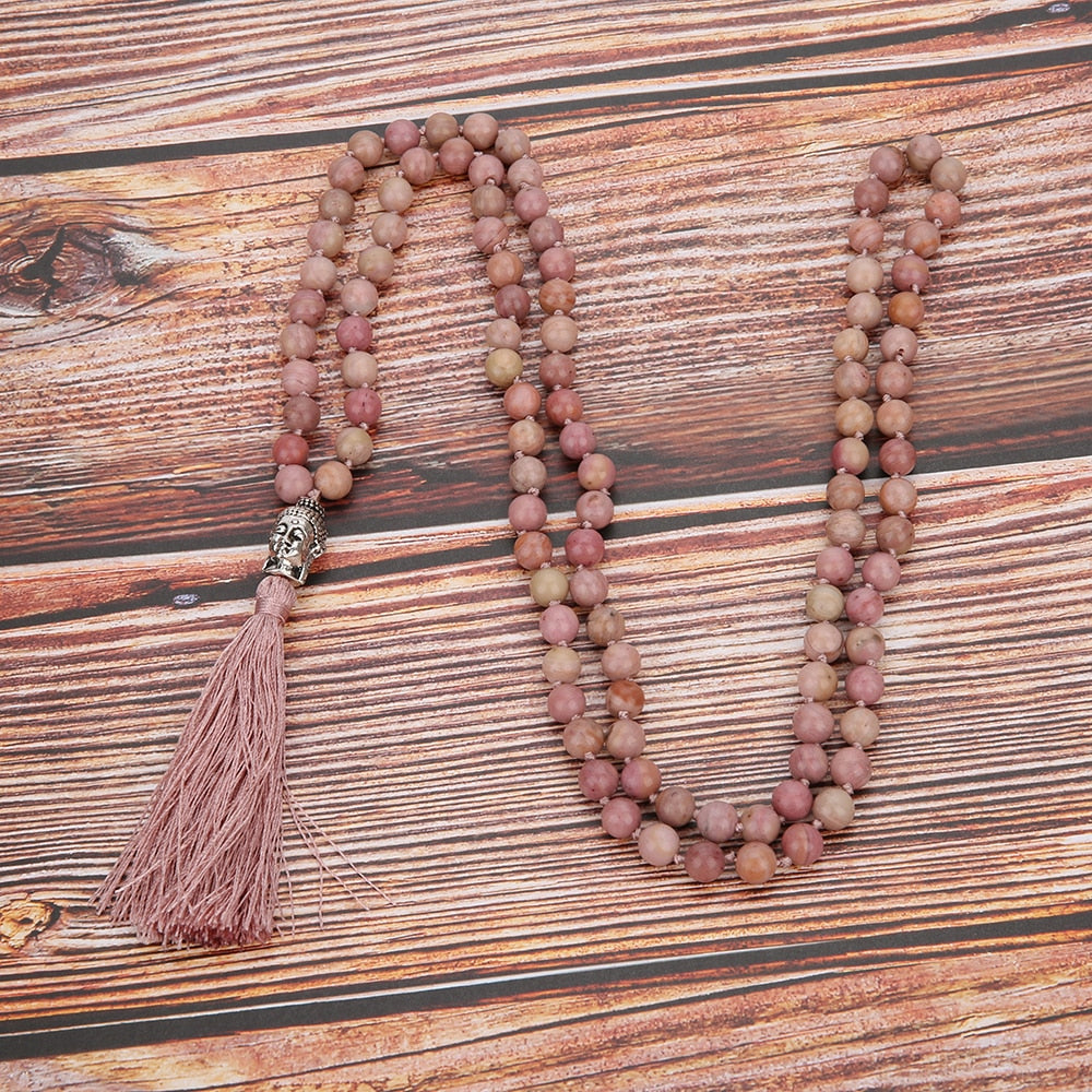 108 Mala Rhodolite Beaded Hand-Knotted Buddha Head Pendant