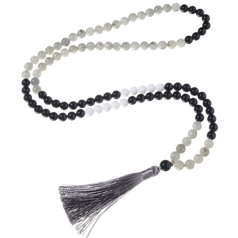 8mm Natural Labradorite Black Onyx Porcelain White Stone Mala Necklace