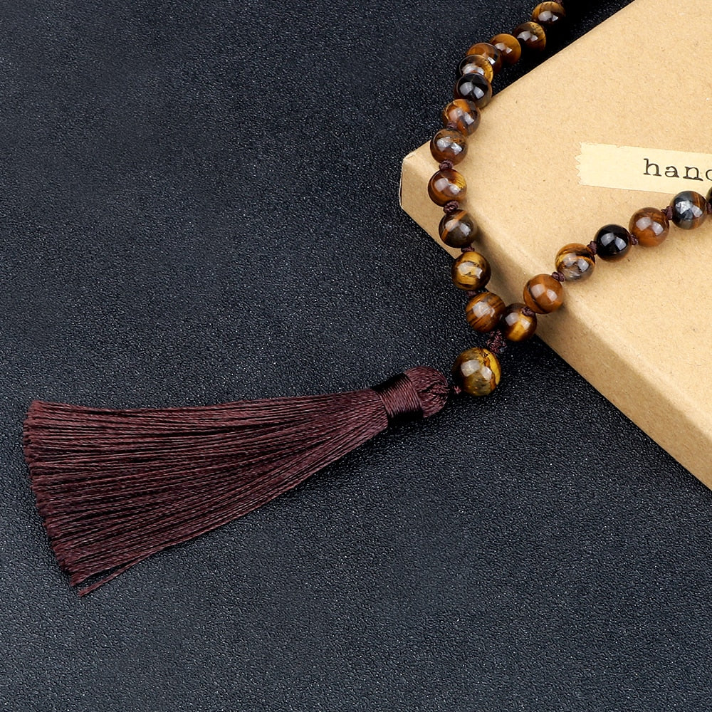 Trendy Men Beads Necklaces 8mm Natural Tiger Eye Stone Knotted Tibetan Buddhist Mala Necklaces