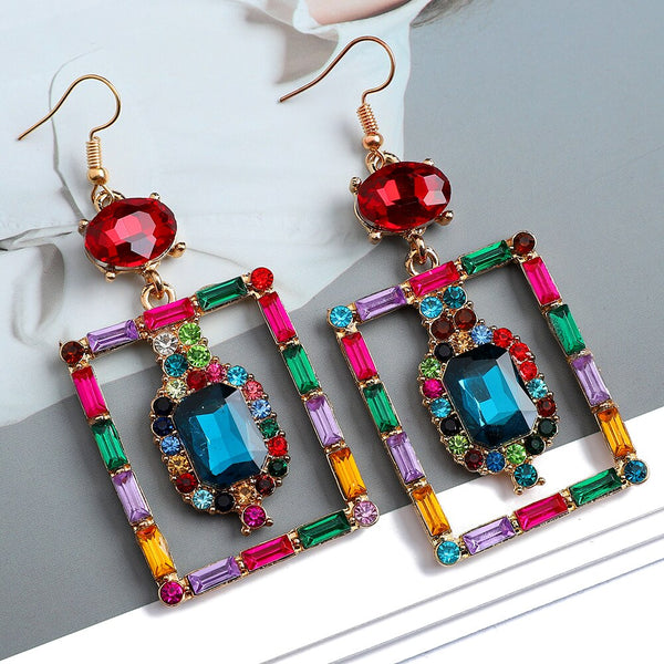 Fashion Metal Full Colorful Crystal Boho Square Dangle Earrings