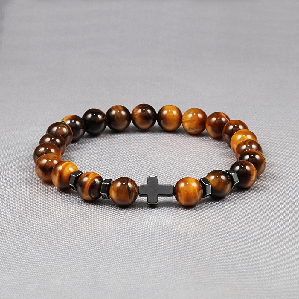 Hot Men Energy Bracelets Natural Tiger Eye Stone Black Lava Cross Beads Bracelet