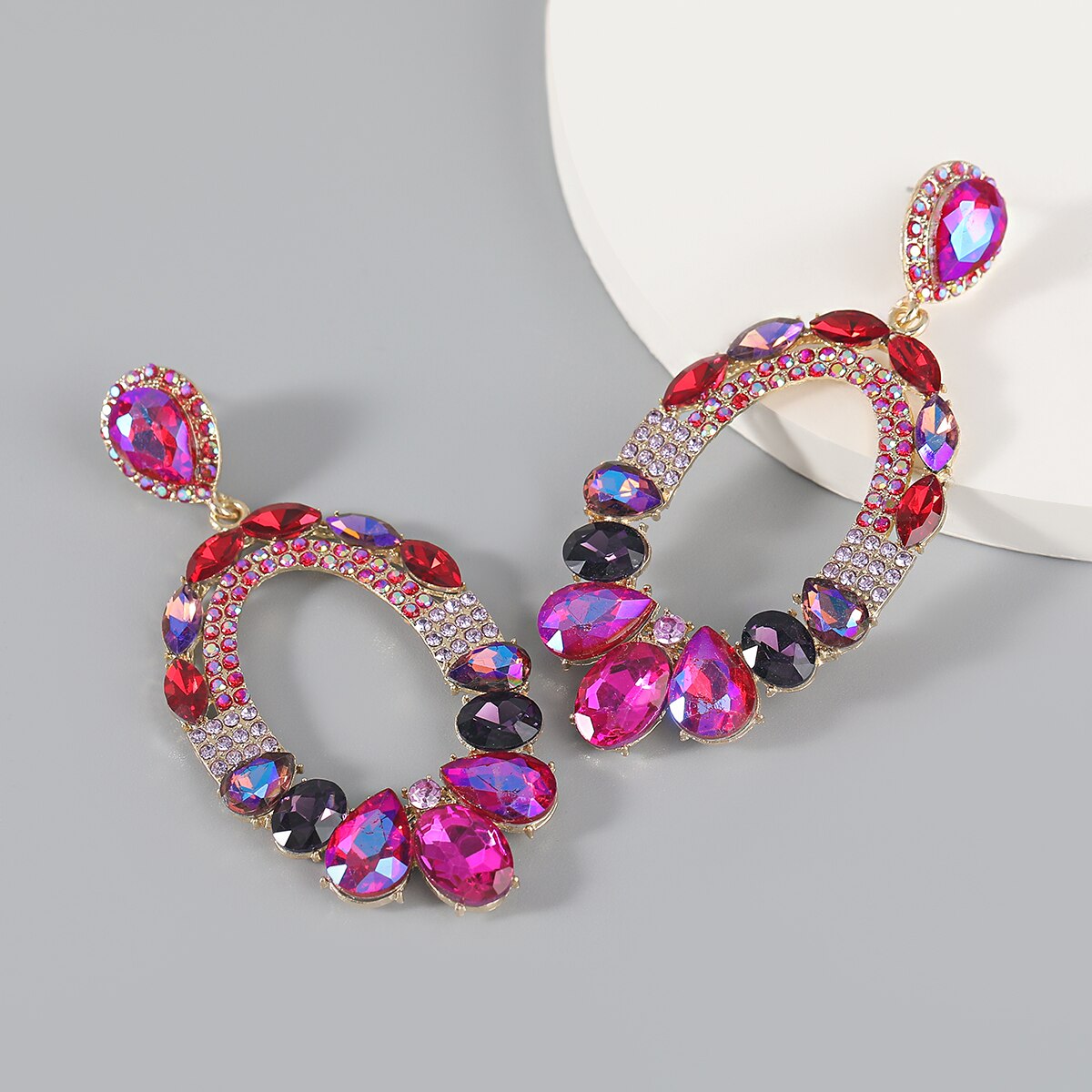 Fashion Metal Oval Rhinestone Glass Earrings Women