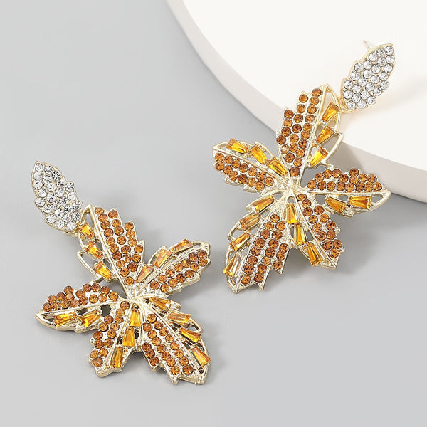 Pauli Manfi Fashion Metal Rhinestone Acrylic Leaf Earrings Women