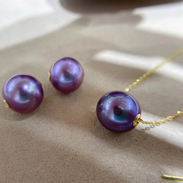 18K Gold Round 12mm Nature Fresh Water Edison Purple Pearls Pendants