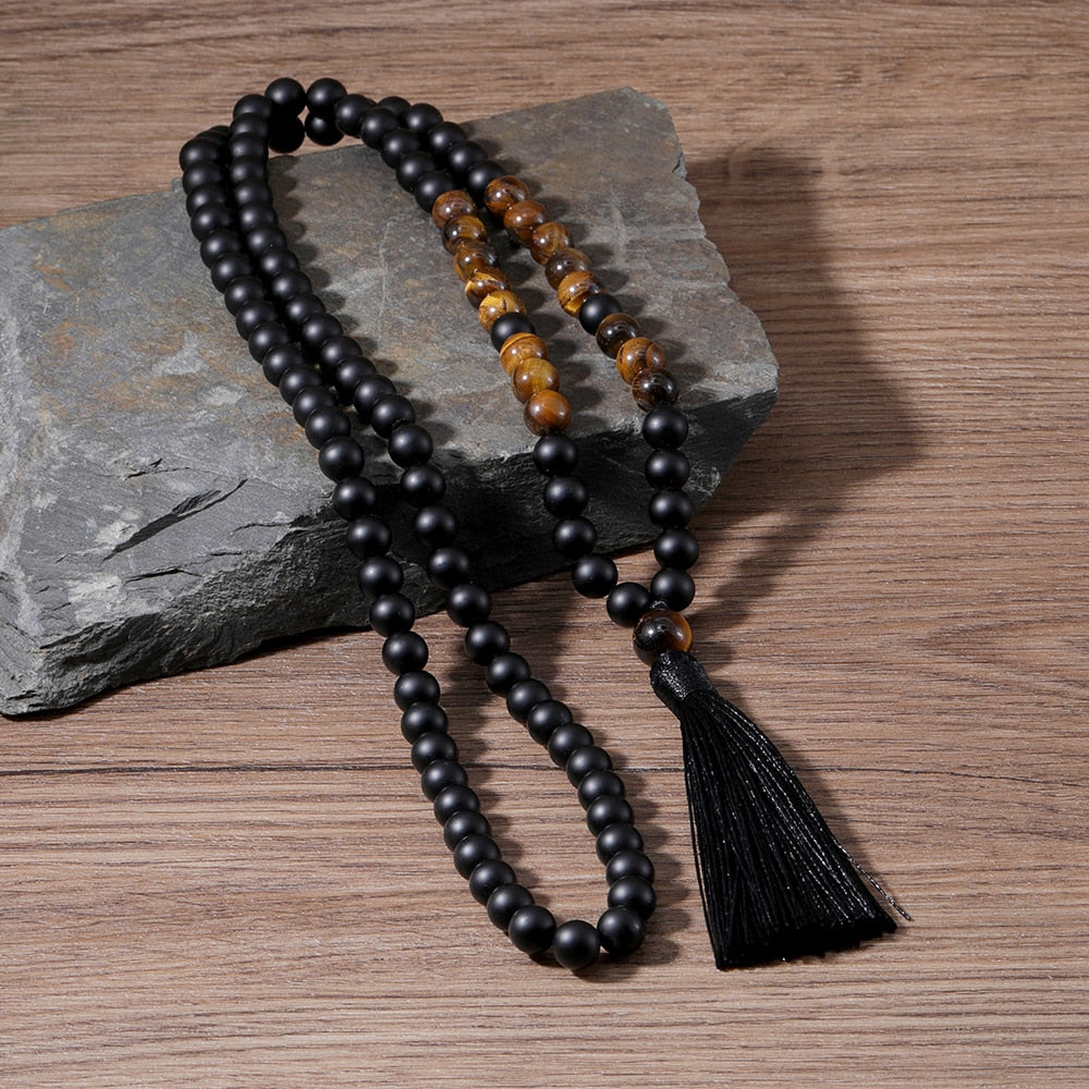 8mm Yellow Tigers Eye, Matte Black Onyx, Japamala Sets