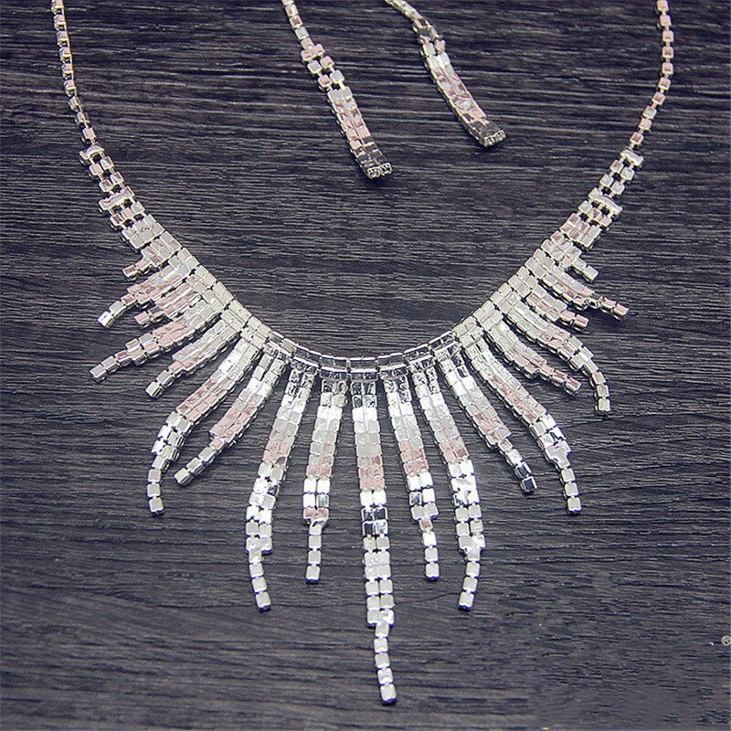 Shine Geometric Rhinestone Necklace Earrings For Women Long Tassel Jewelry Sets