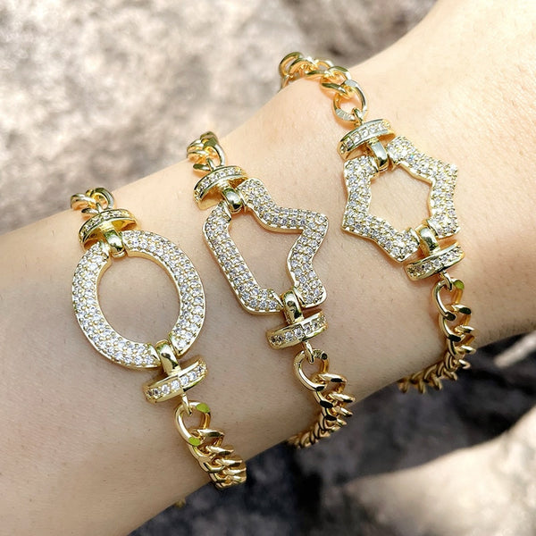 Gold Plated Curb Link Chain Star Crown Bracelets For Women CZ Pave Rhinestone Round Bracelet