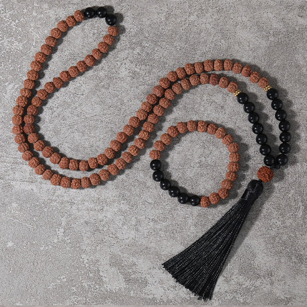 108 Mala Beads Necklace 8MM Black Onyx Natural Rudraksha Black Tassel Meditation