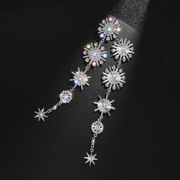 Shine Snowflake Rhinestone Drop Earrings for Women Long Tassel Crystal Earrings