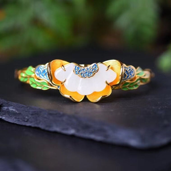 Enamel porcelain craftsmanship inlaid natural Hetian jade fan-shaped bracelet