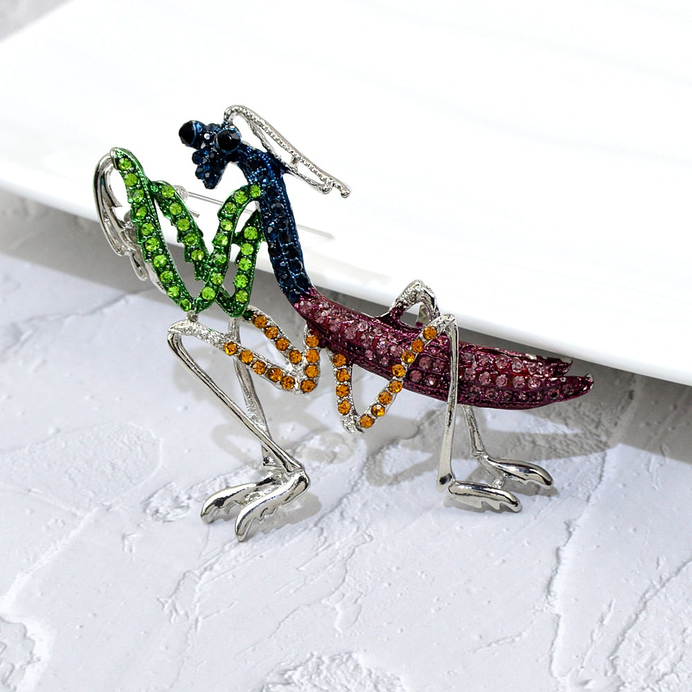 Rhinestone Colorful Praying Mantis Brooch