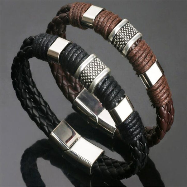 High Quality Stainless Steel Charm Bracelet Braided Black Brown Genuine Leather Bracelet