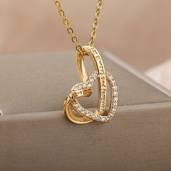 Zircon Double Heart Necklace Letter for always and forever Pendant Necklace