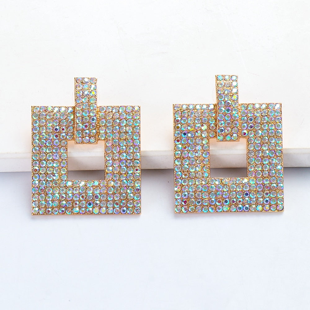 Square Geometric Crystal Earrings Statement Rhinestone Shiny  Luxury Drop Earing