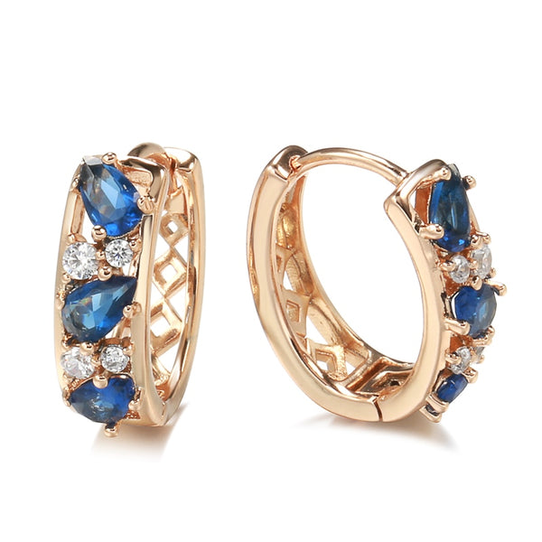 New 585 Gold Drop Blue Zircon Hoop Earrings for Women