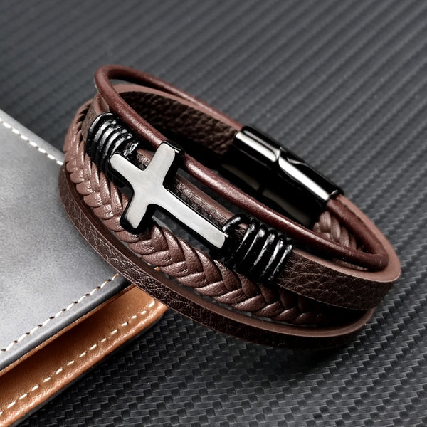 Charm Stainless Steel Leather Cross  Brown/black Bracelet