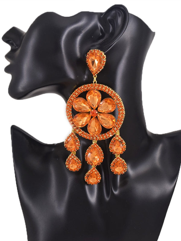 5.1 Orange Rhinestones Glass Tassel Water Drop Earrings for Wedding Women