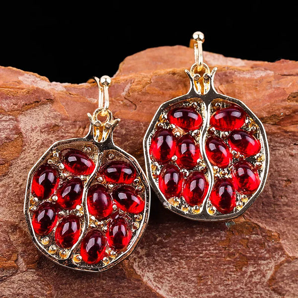 Gold Color Red Garnet Earrings for Women CZ Stone Round Beaded Inlay Dangle Earrings