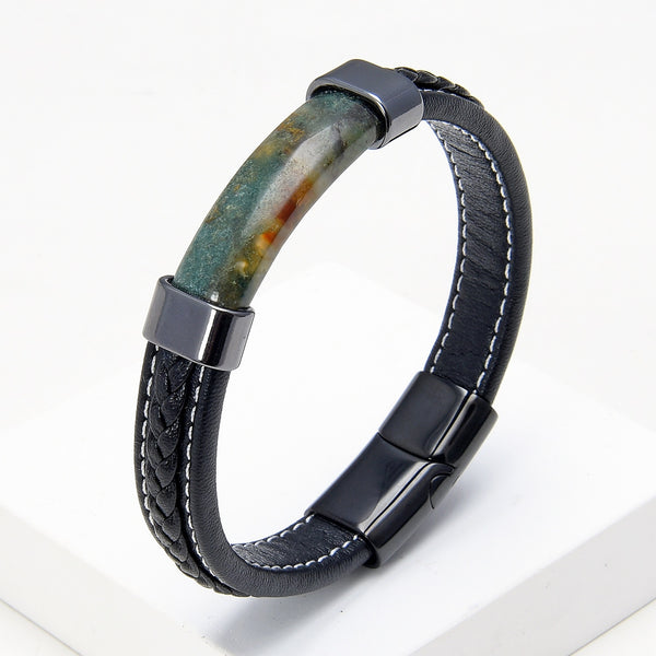 Luxury Natural Stone Men Black Braided Leather Bracelet