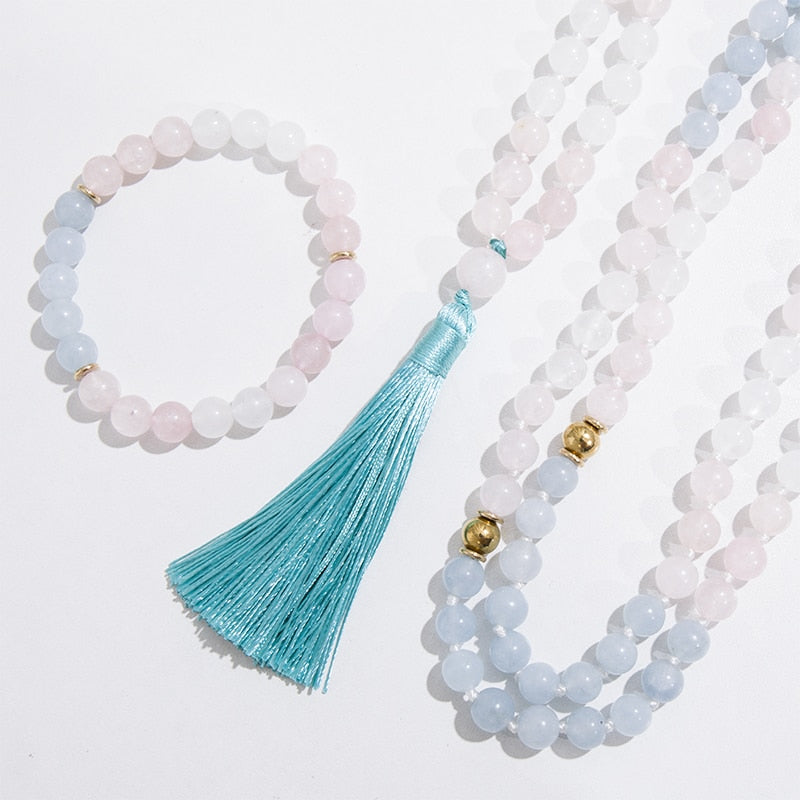 108Japamala Beaded Necklace 8mm Rose Quartz White  Yoga Blessing Bracelet Jewelry Rosary Sets