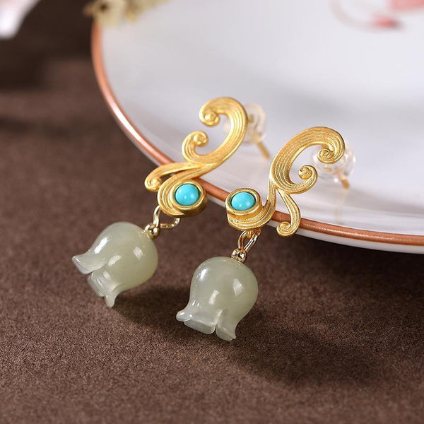 Designer original new ancient gold craftsmanship Hetian jade bell orchid earrings