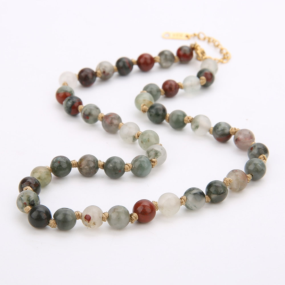 6mm Amazonite Tiger Eye Bloodstone Beaded Knotted Neck Necklace Women