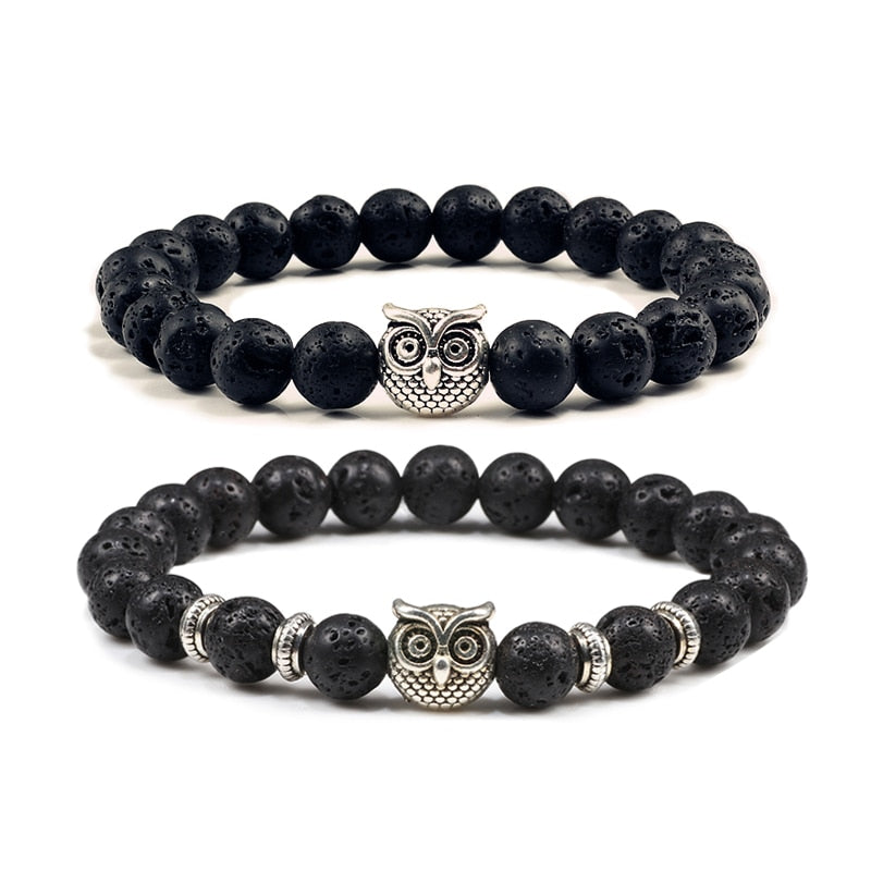 Owl Head Buddha 8mm Round Bead Bracelets Charm Natural Black Lava Volcanic Stone Bracelet