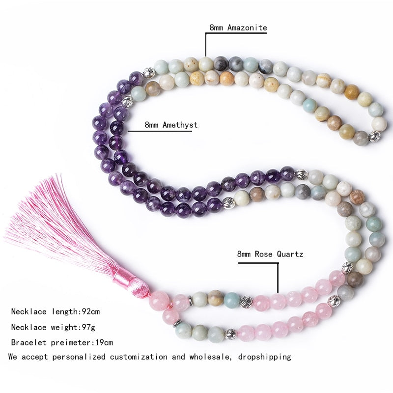 8mm Natural Amethyst Rose Quartz Amazonite Beaded Necklace