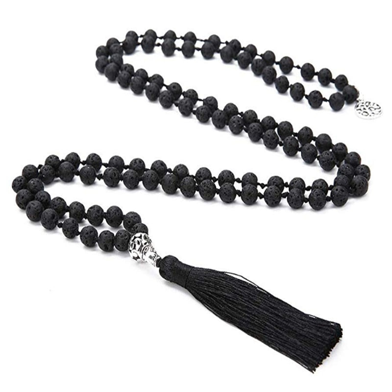 8mm Black Lava Stone Beaded Knotted 108 Mala Necklace