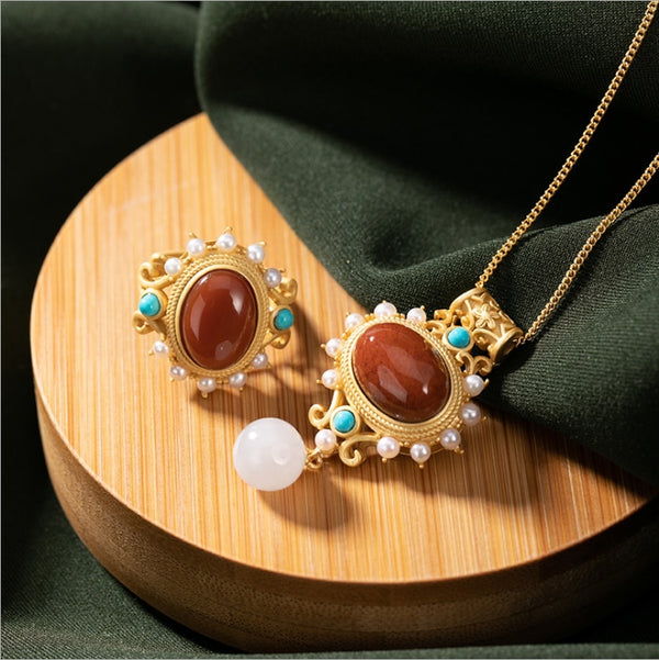 Natural South Red Agate  925 silver inlaid  pearl turquoise pendant necklace