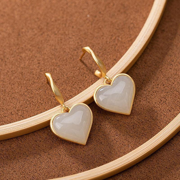 New silver inlaid natural Hetian White Jade Heart Shaped Earrings