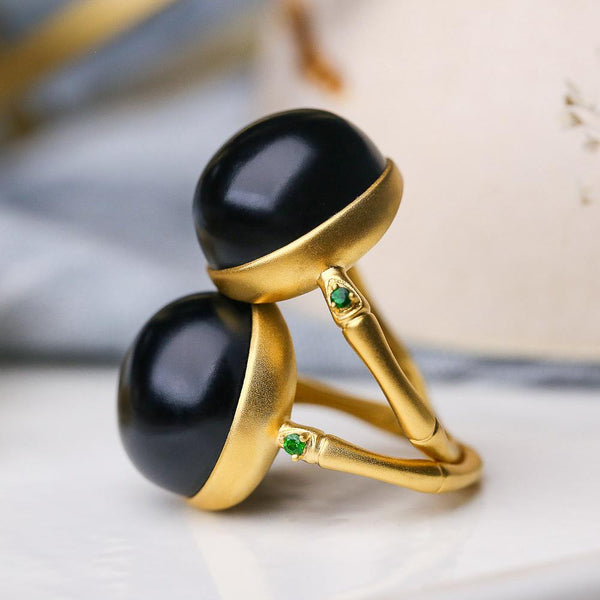 Natural Hetian black jade round bead opening adjustable ring