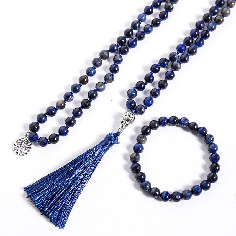 8mm Natural Lapis Lazuli Tiger Eye Stone Beaded Knotted Necklace