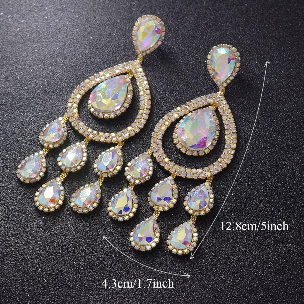 12.8cm length big size women exquisite dangle drop water rhinestones AB crystal earrings