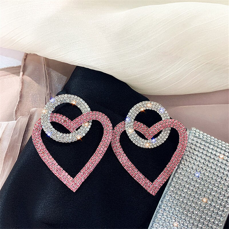 New Green Pink Heart Crystal Earrings for Women Oversize Circle Rhinestone Drop Earrings