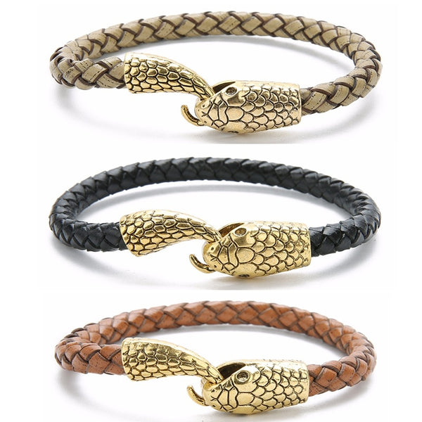 Vintage Silver Color Gold Snake Easy-Hook Leather Bracelets