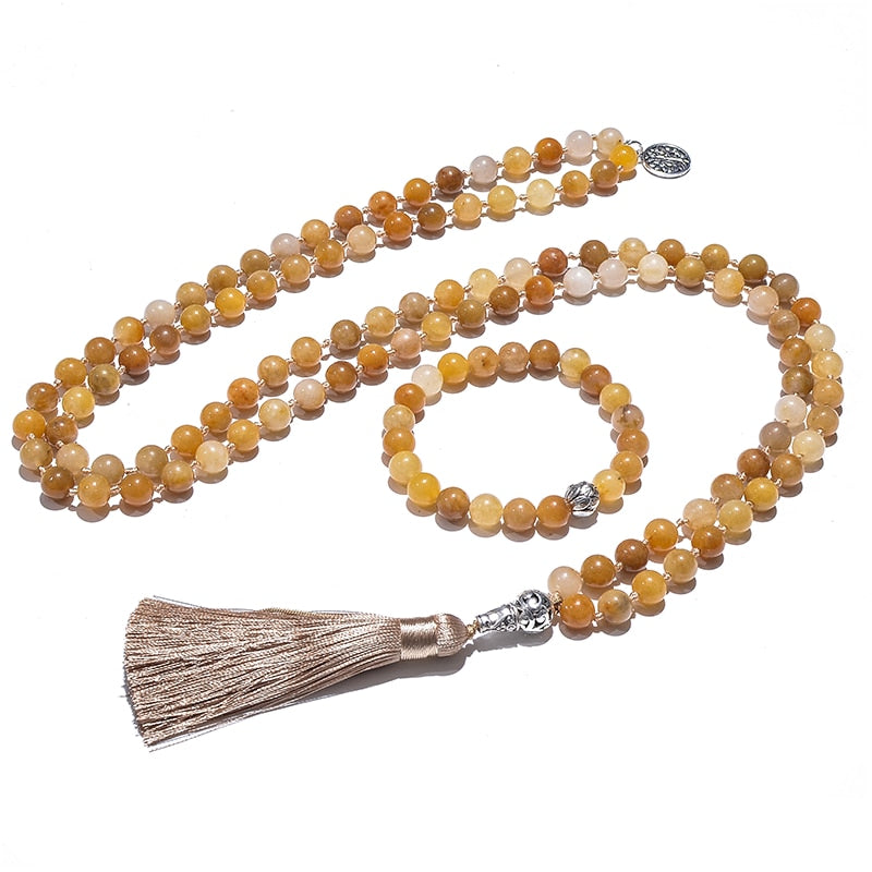 8mm Yellow Jade Knotted Japamala Necklace 108 Mala Beaded Meditation Yoga Blessing Jewelry Bracelet Set