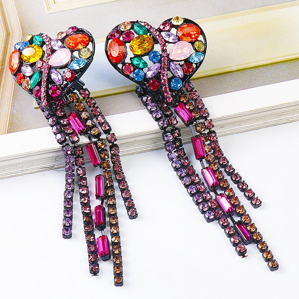 New Colorful Rhinestone Long Tassel Dangle Earrings Heart Crystal Drop Earring