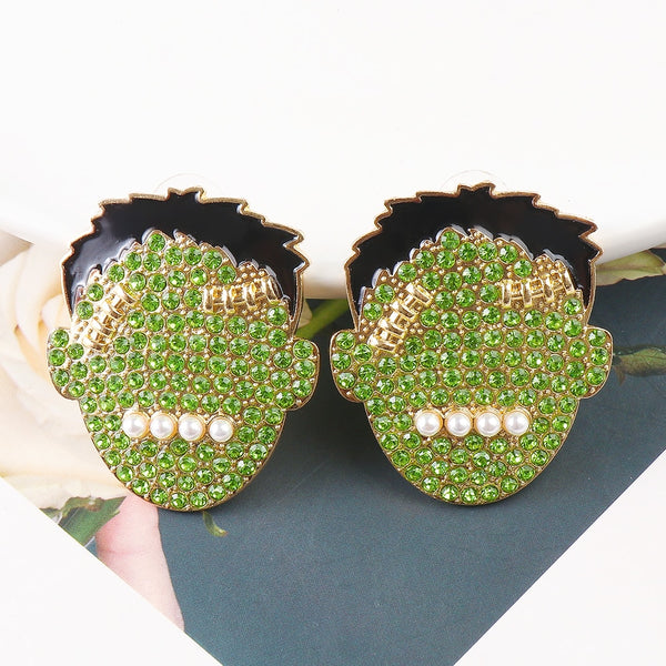 Rhinestone Cartoon Earrings Crystal Halloween Green Face Earring