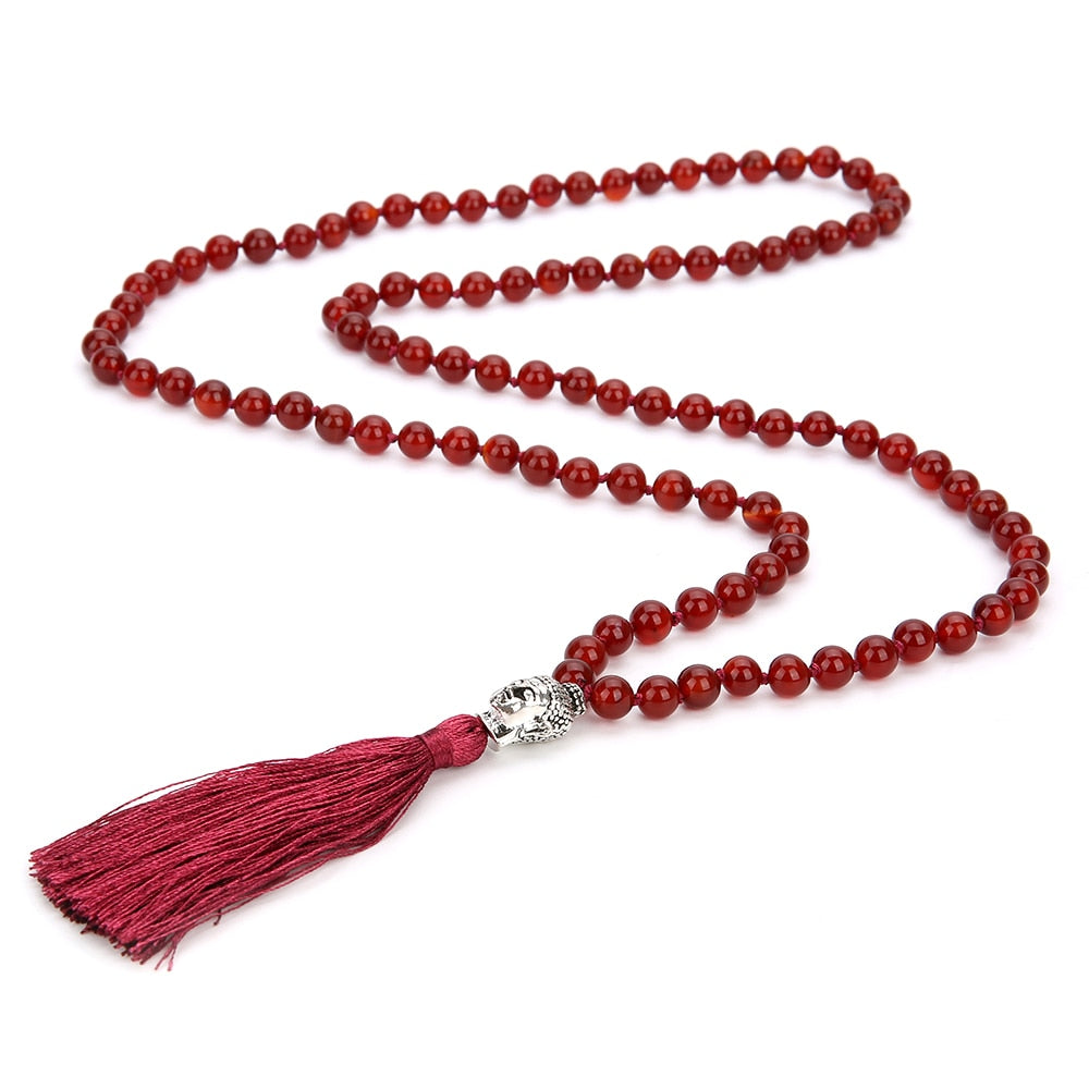 8mm Natural Carnelian Beaded Knotted Necklace