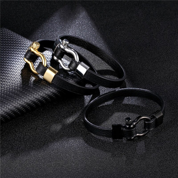 Stainless Steel U shape Leather Bracelet Men Women Biker Anchor Clasp Buckle Bracelets