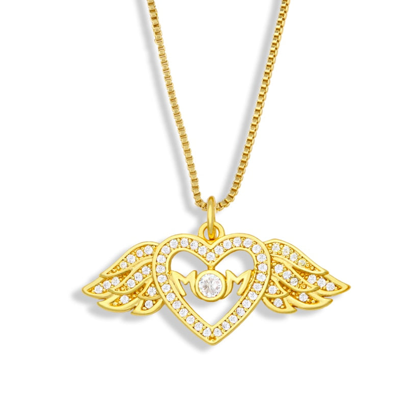 Gold Plated Chain Heart Mom Necklace For Women CZ Rhinestone Angel Wings Necklace