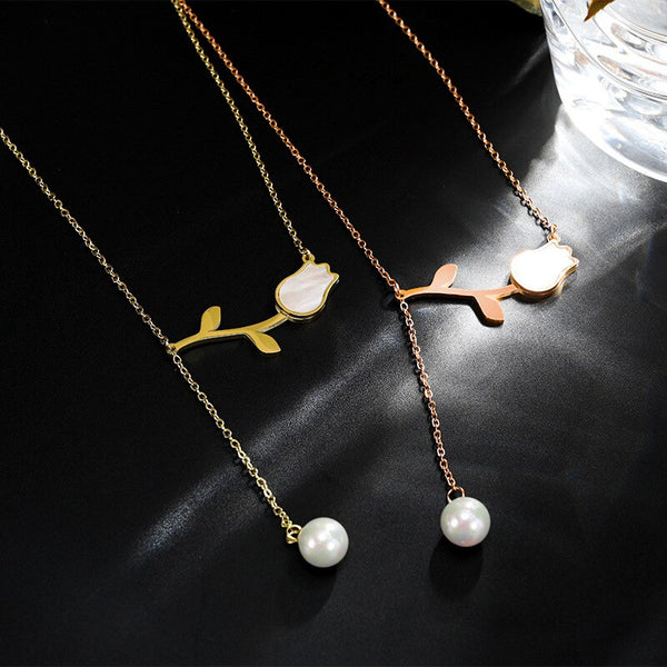 Fashion  Shell Pearl Tassel vintage Tulip Charms Chain Choker Necklace Pendant For Women