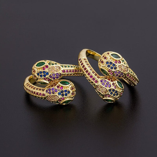 Fashion Classic Snake Rings Copper Zircon Rainbow  Luxury Crystal Adjustable Ring