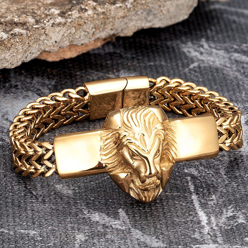 Stainless Steel Men Gold Lion Chain Bracelet