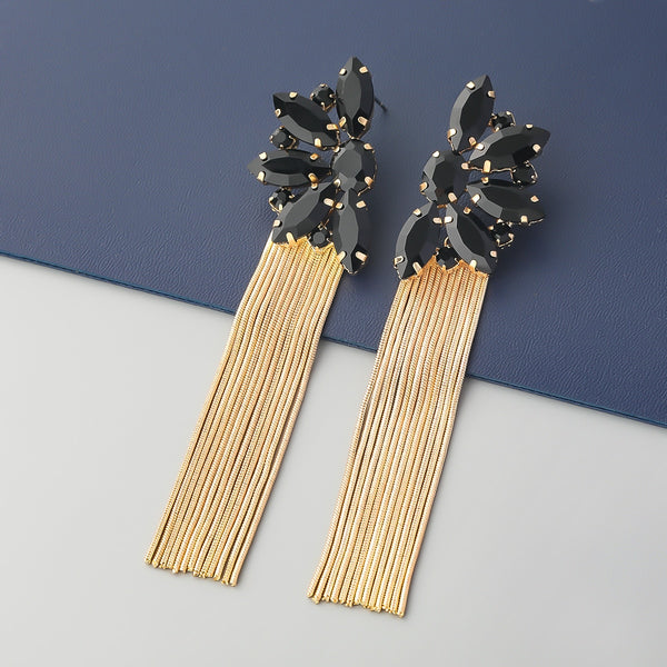 Fashion Metal Rhinestone Flower Long Tassel Earrings Women