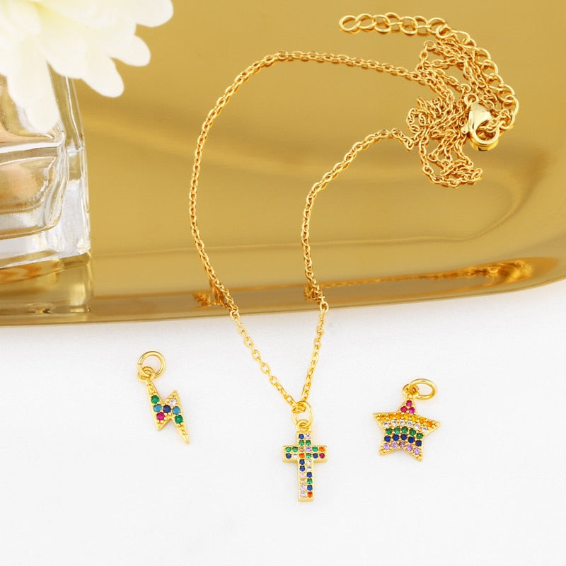 Multicolor Cross Necklace For Women CZ Pave Rhinestone Small Lightning Star Pendant Necklace