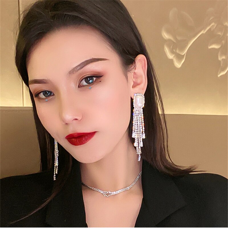 Long Tassel Full Rhinestone Drop Earrings for Women Square Pearl Dangle Earrings