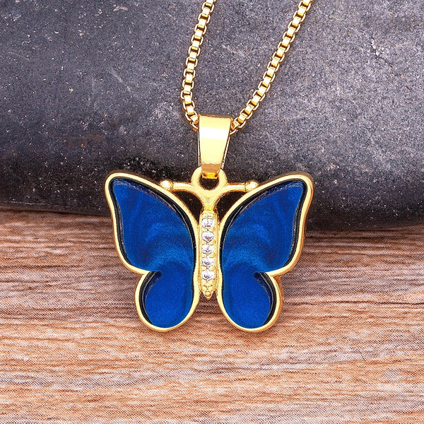 Lucky Delicate Butterfly Necklace 9 Colors Choice Copper Ziron Glass Pendant