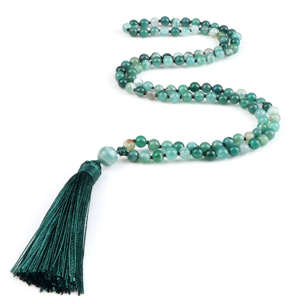 108 Beads Prayer Necklace Natural Green Stripe Onyx Stone Buddhist Buddha Meditation Bead Mala Necklace